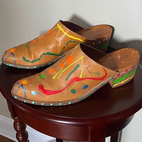 Hand Painted Vintage Leather Clogs - Unisex - Picture 2 of 16